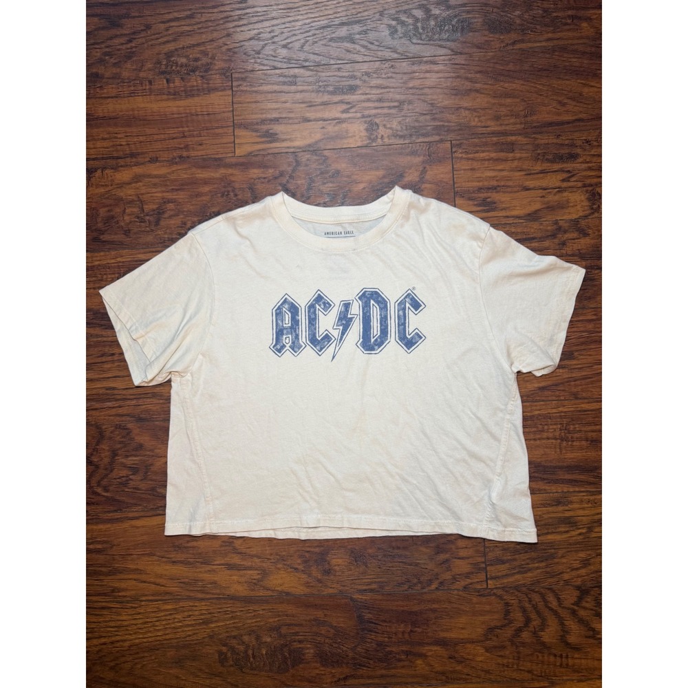 American Eagle AE Band AC/DC Graphic Tee Women's Medium Ivory Cropped T-Shirt